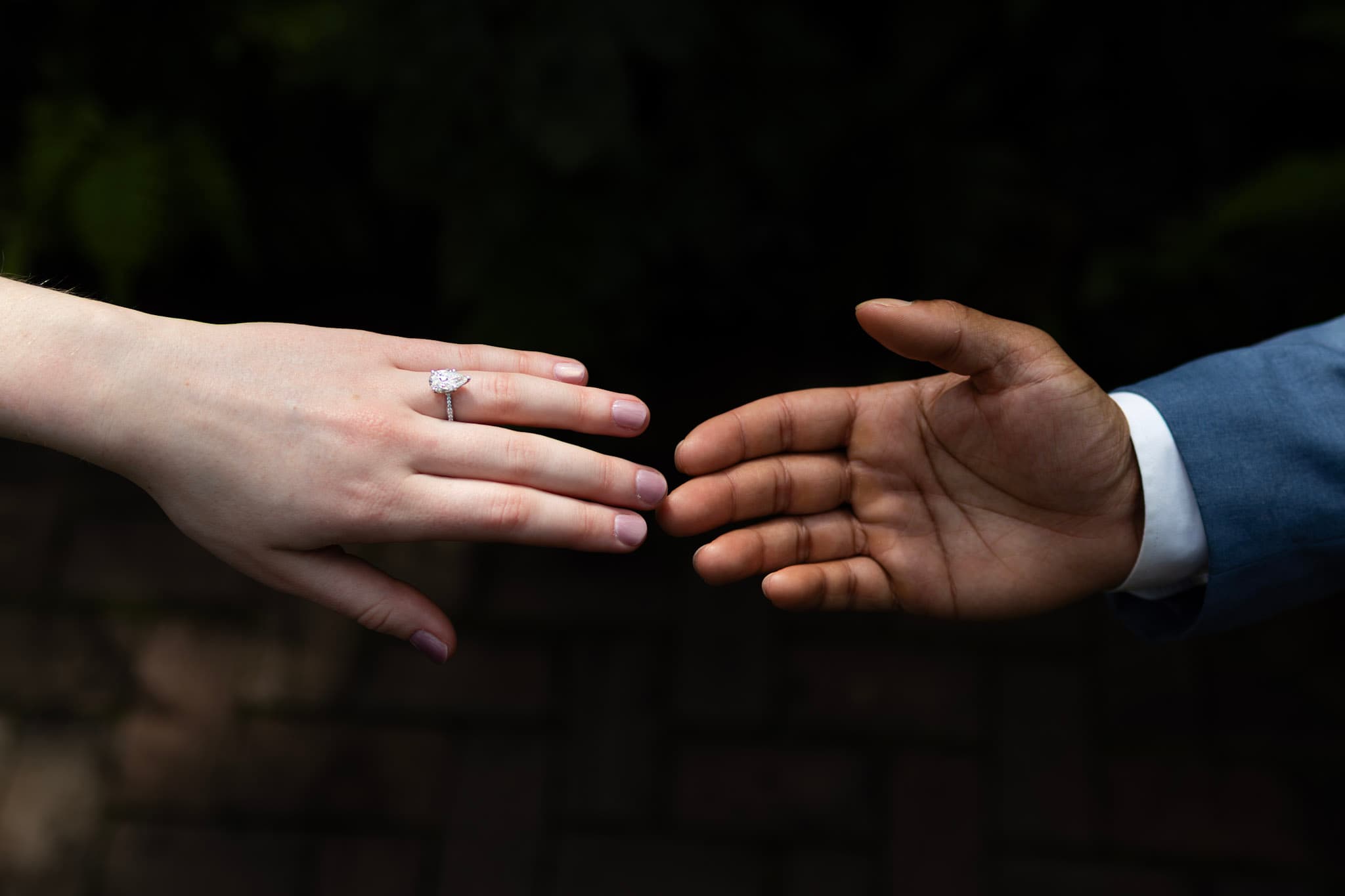 Engagement ring reaching hands detail photo with dark romantic background in Chicago conservatory