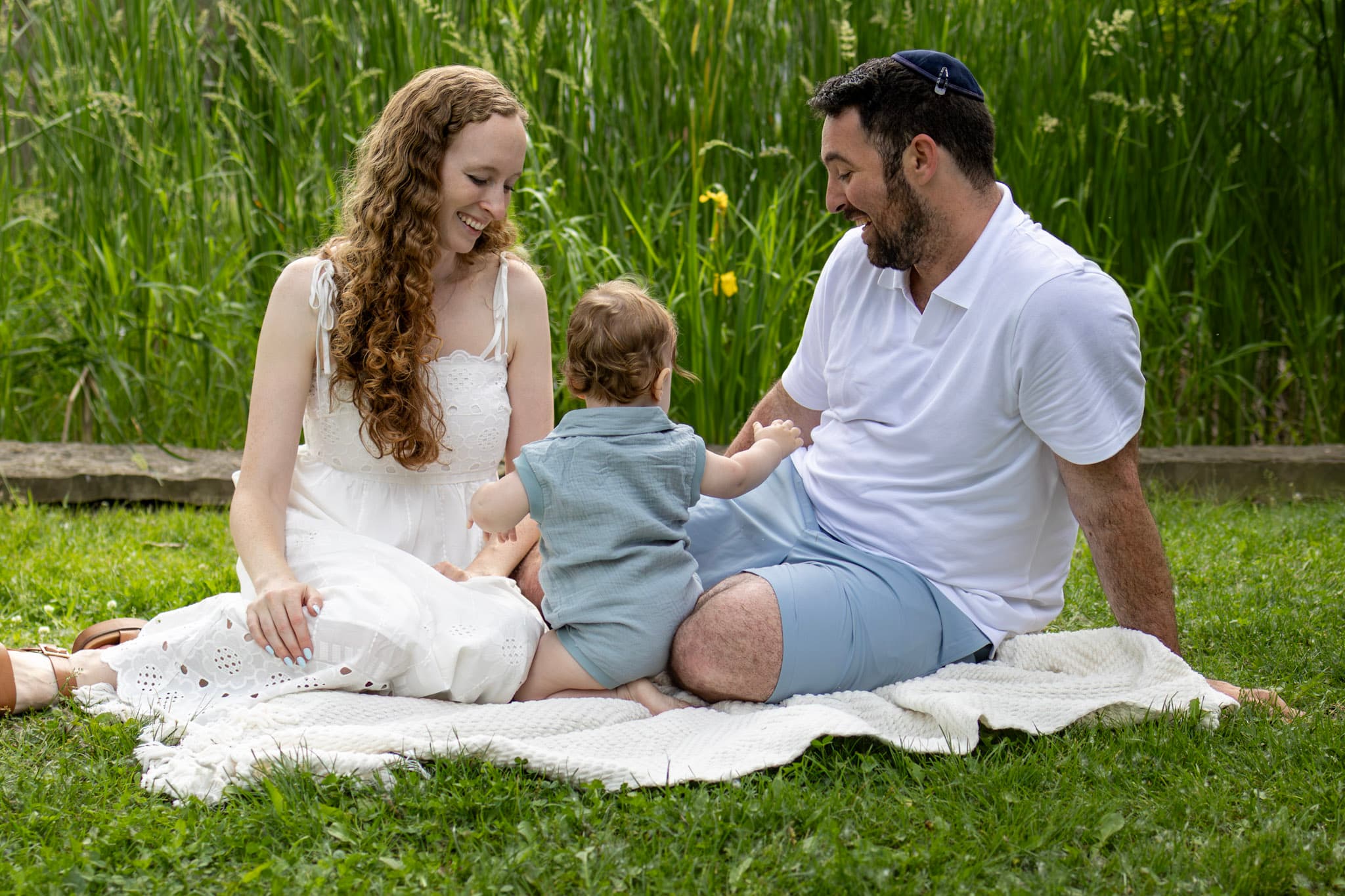 Family of four seated on white blanket among tall grasses during a North Shore outdoor family session in Wilmette