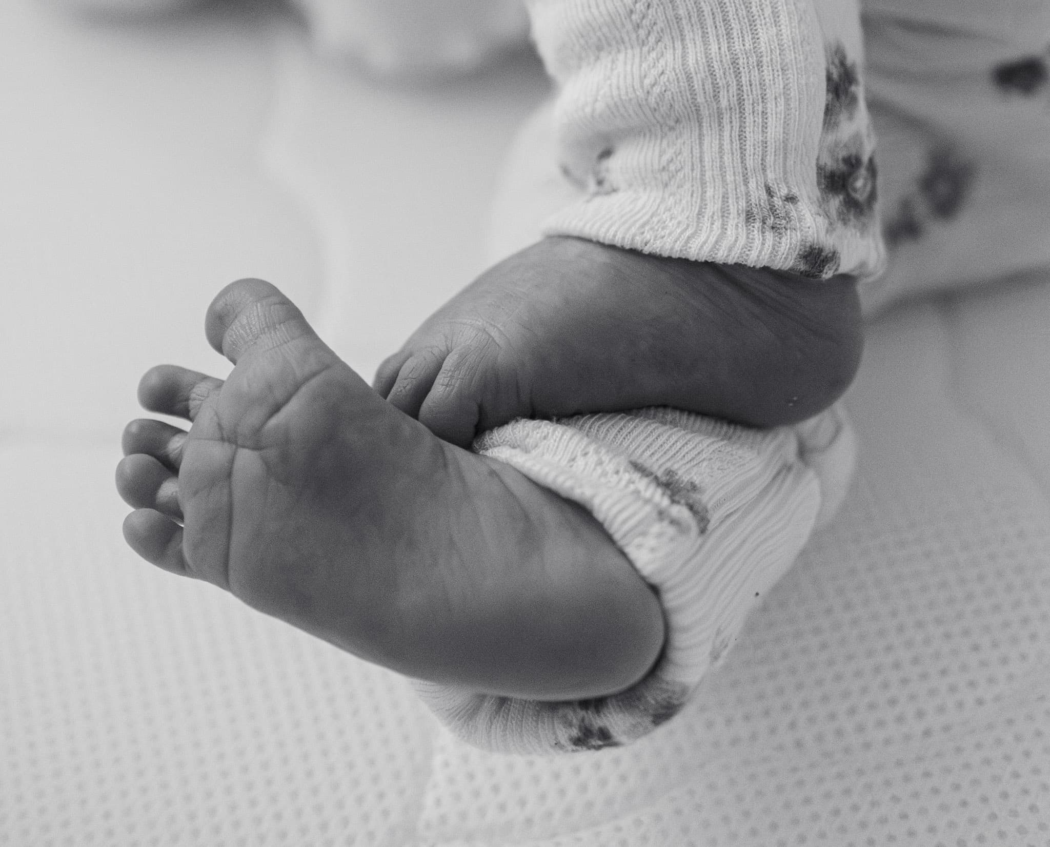 Newborn baby feet detail in black and white — Skokie newborn photography detail shot