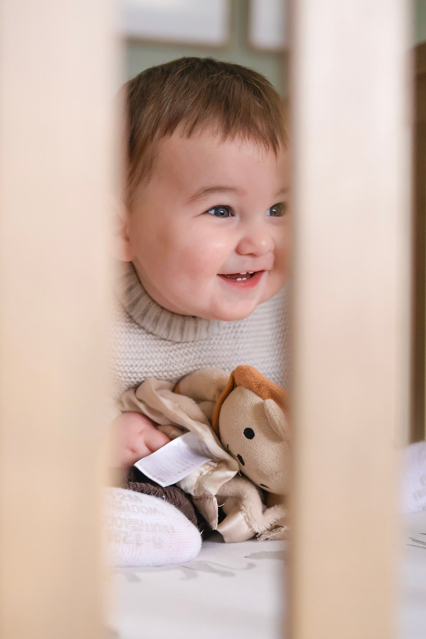 9 month old baby peeking through crib slats with a stuffed toy during an in-home milestone session